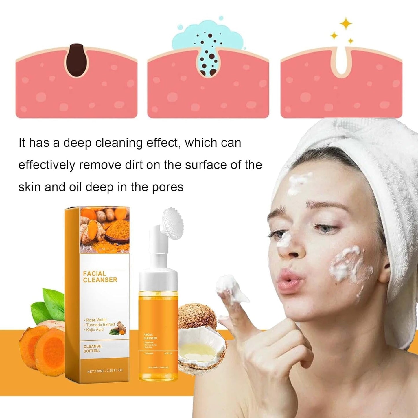 2 Pc Turmeric Glow Wash Face Wash with Brush, Deep Cleansing Facial Skin Turmeric Foaming Face Wash.