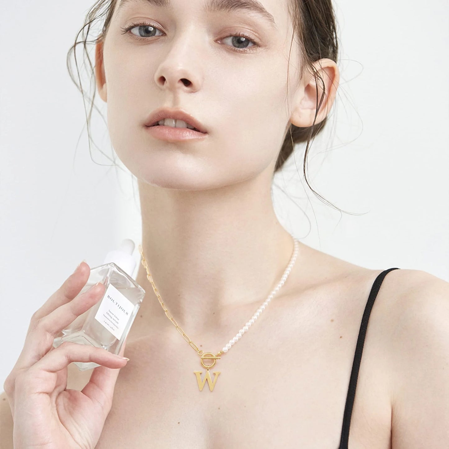 Elegant Pearl & Paperclip Chain Initial Necklace