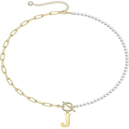 Elegant Pearl & Paperclip Chain Initial Necklace