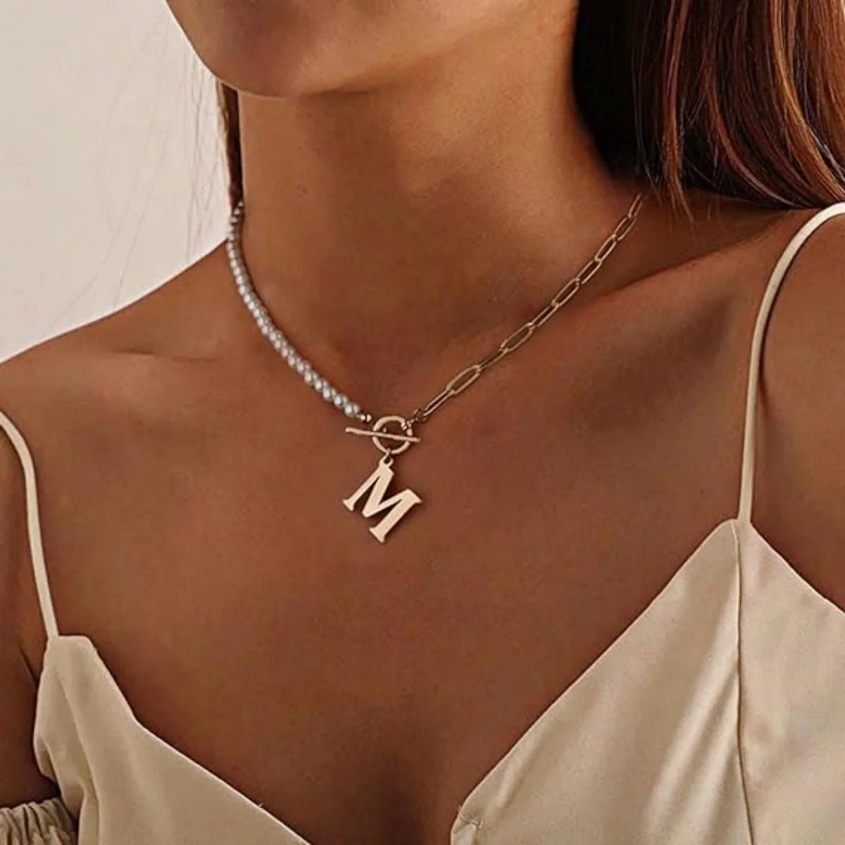 Elegant Pearl & Paperclip Chain Initial Necklace