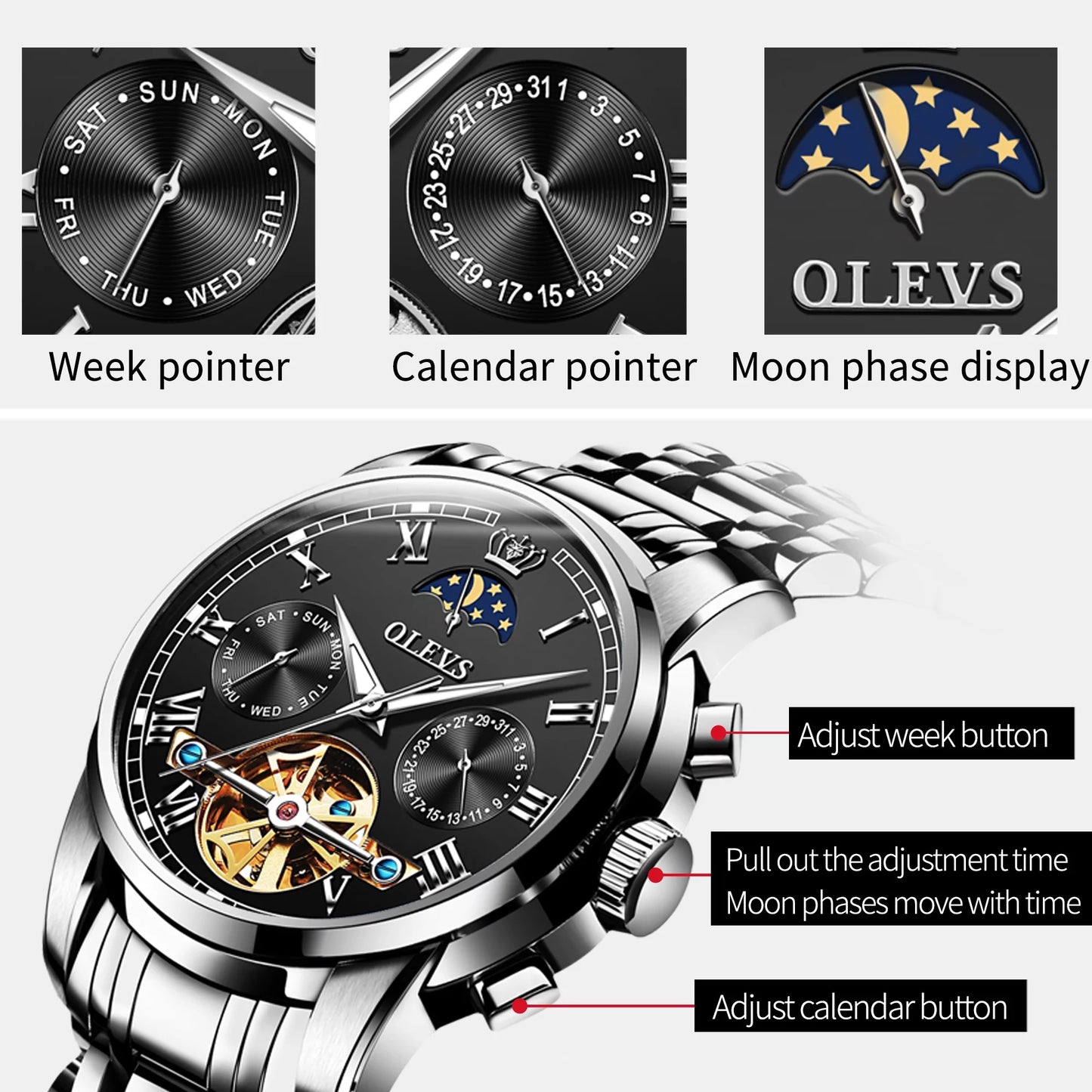 Automatic Watches for Mens Skeleton Mechanical Self Winding Luxury Dress Mens Stainless Steel Watches Moon Phase Day Date Waterproof Luminous Reloj Para Hombre, Gifts for Men, Male 6617D