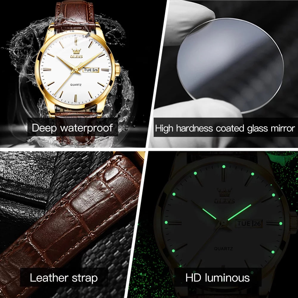 Brown Leather Watches for Men Big Gold Dial Mens Roman Numerals Watches Diamond Watch with Date Luxury Quartz Men'S Watches Waterproof Wrist Watches with Luminous