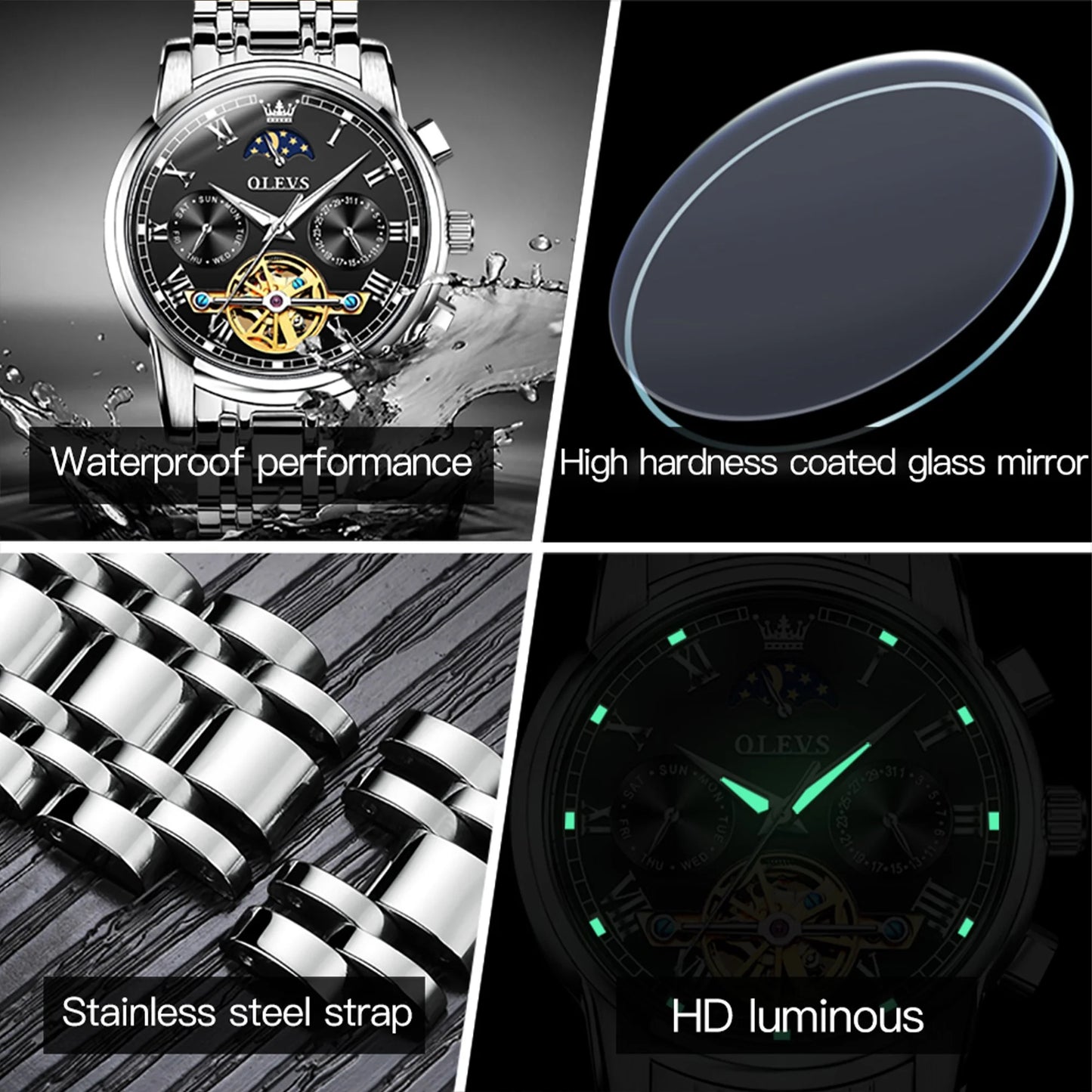 Automatic Watches for Mens Skeleton Mechanical Self Winding Luxury Dress Mens Stainless Steel Watches Moon Phase Day Date Waterproof Luminous Reloj Para Hombre, Gifts for Men, Male 6617D