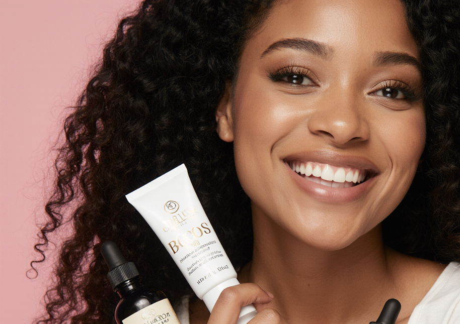 Woman holding skincare products against a pink background